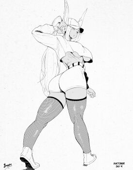 1girl absurdres alternate_costume animal_ears arm_up artist_name ass baseball_cap belt boku_no_hero_academia breasts commentary crop_top crop_top_overhang cropped_shirt ears_through_headwear english_commentary english_text fishnet_pantyhose fishnets from_behind greyscale hat highres juggler_(sun_juggler) long_eyelashes long_hair looking_at_viewer mirko monochrome pantyhose parted_bangs parted_lips rabbit_ears rabbit_girl rabbit_tail shirt shoes shorts solo tail thighs toned toned_female twisted_torso underboob very_long_hair