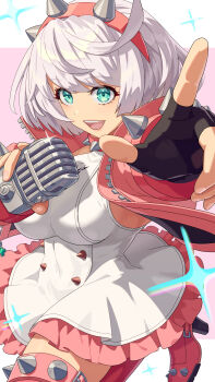 1girl aqua_eyes black_gloves bob_cut boots bracelet breasts circle_skirt collar commentary_request dress elphelt_valentine fingerless_gloves frilled_dress frills gloves grey_hair guilty_gear guilty_gear_strive hairband highres holding holding_microphone jacket jewelry looking_at_viewer microphone open_clothes open_jacket open_mouth pink_boots pink_hairband pink_jacket pointing pointing_at_viewer red_boots revision short_dress short_hair sleeveless sleeveless_dress smile solo sparkle spiked_bracelet spiked_collar spiked_hairband spiked_thighlet spikes thigh_boots white_dress yagi2013