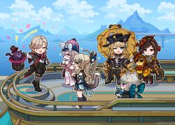 1boy 5girls ;d animal_ears bare_shoulders black_boots black_flower black_gloves black_hat black_sleeves blonde_hair blonde_streaks blue_eyes boots brown_gloves brown_hair cat_ears cat_girl chiori_(genshin_impact) closed_eyes commentary day detached_sleeves doll elphane_(genshin_impact) english_commentary flower genshin_impact gloves green_eyes grey_hair grey_kimono hair_over_one_eye hat hat_flower highres holding holding_umbrella japanese_clothes kimono kirara_(genshin_impact) long_hair looking_at_viewer lynette_(genshin_impact) lyney_(genshin_impact) melusine_(genshin_impact) multicolored_hair multiple_girls multiple_tails navia_(genshin_impact) nekomata one_eye_closed open_mouth outdoors ppyok_1017 purple_eyes red_eyes single_glove sitting smile star_(symbol) streaked_hair tail tamoto_(genshin_impact) top_hat two_tails umbrella unworn_headwear very_long_hair yellow_umbrella