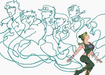 1girl black_hair braid braided_ponytail brooch bun_with_braided_base closed_eyes closed_mouth double_bun facing_up from_side giorno_giovanna green_hair green_lips hair_bun halterneck higashikata_josuke highres jewelry jojo_no_kimyou_na_bouken jonathan_joestar joseph_joestar joseph_joestar_(young) kuujou_jolyne kuujou_joutarou midriff multicolored_hair sleeveless solo string tasse_jj tattoo two-tone_hair white_background