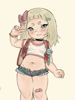 1girl :3 aqua_eyes backpack bag bandaid bandaid_on_knee bandaid_on_leg blonde_hair blue_shorts blunt_bangs blush bow bracelet breasts character_request clenched_hand contrapposto copyright_request covered_erect_nipples cowboy_shot crime_prevention_buzzer crop_top freckles hair_bow hair_ornament hairclip head_tilt highres jewelry jojifuku loli looking_at_viewer navel open_fly pink_bow red_bag short_eyebrows short_shorts short_sleeves shorts simple_background small_breasts snugglepuff28 solo thick_arms thick_eyebrows thick_thighs thighs unbuttoned v yellow_background