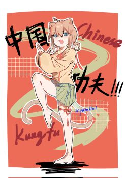 1girl :3 :d ahoge alternate_costume animal_ears barefoot blue_eyes border brown_hair cat_ears cat_girl cat_tail chinese_knot chinese_text commentary_request double-parted_bangs flower_knot full_body green_skirt hair_between_eyes hair_ornament hair_rings hands_up heart heart_hair_ornament highres jewelry knee_up kung_fu leg_up long_sleeves looking_at_viewer loputontalvi miniskirt neck_ribbon neuro-sama official_alternate_hairstyle open_mouth outline peter_pan_collar pleated_skirt puffy_long_sleeves puffy_sleeves red_background red_ribbon ribbon shadow shirt sidelocks skirt smile solo standing standing_on_one_leg tail tassel thighlet twitter_username v-shaped_eyebrows vedal_ai white_border white_outline yellow_shirt