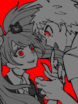 Rule 34 | 1boy, 1girl, 30en (esx5g), commentary request, danganronpa (series), danganronpa 2: goodbye despair, enoshima junko, greyscale with colored background, highres, hinata hajime, long hair, open mouth, parted lips, red background, short hair, simple background, smile, spot color, twintails