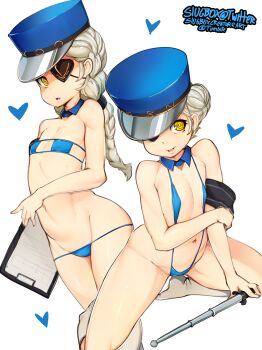 10s 2girls absurdres arm_support armband bad_id bad_pixiv_id bare_shoulders baton baton_(weapon) bikini blue_bikini blue_one-piece_swimsuit blue_slingshot_swimsuit blush braid caroline_(persona_5) clipboard detached_collar double_bun expandable_baton eyepatch eyepatch_bikini hair_bun hat heart highres justine_(persona_5) kneehighs kneeling loli long_hair looking_at_viewer micro_bikini multiple_girls navel one-piece_swimsuit open_mouth persona persona_5 shiny_skin short_hair siblings single_hair_bun sisters slingshot_swimsuit slugbox smile socks swimsuit twins weapon white_background white_legwear yellow_eyes