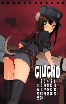 1girl animal_ears ass blush brown_hair dirty federica_n._doglio female_focus green_eyes hat italian_text panties red_panties shimada_fumikane sleeves_rolled_up solo strike_witches strike_witches:_kurenai_no_majo-tachi striker_unit tail thighhighs tools underwear world_witches_series