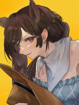 Rule 34 | 1girl, absurdres, animal ears, bandana, bandana around neck, blue shirt, breasts, brown hat, commentary request, cowboy hat, eneshi, hat, highres, holding, holding unworn clothes, holding unworn hat, horse ears, kurokoma saki, large breasts, long hair, looking at viewer, off-shoulder shirt, off shoulder, shirt, signature, simple background, smile, solo, touhou, unworn hat, unworn headwear, white bandana, yellow background