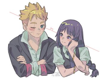 1boy 1girl ariamikukanzaki black_jacket blonde_hair blue_eyes blush_stickers boruto:_two_blue_vortex bracelet braid commentary crossed_arms frown heart jacket jewelry kakei_sumire naruto_(series) necklace necktie one_eye_closed purple_eyes purple_hair purple_necktie scar scar_across_eye scar_on_face twitter_username uzumaki_boruto