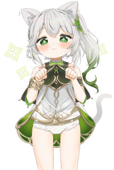 1girl :3 absurdres animal_ears bare_shoulders blush cape cat_ears cat_girl cat_tail clenched_hands closed_mouth cowboy_shot cross-shaped_pupils detached_sleeves double-parted_bangs dress flat_chest genshin_impact gold_trim gradient_hair green_cape green_eyes green_hair green_sleeves hair_between_eyes highres kemonomimi_mode loli long_hair looking_at_viewer multicolored_hair nahida_(genshin_impact) panties paw_pose pointy_ears side_ponytail simple_background sleeveless sleeveless_dress solo standing symbol-shaped_pupils tail underwear white_background white_dress white_hair white_panties youyoukai