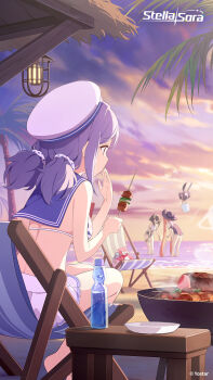 3girls amber_(stella_sora) beach bikini bikini_skirt blue_bikini blue_one-piece_swimsuit blue_sailor_collar breasts commentary copyright_logo english_commentary food frilled_one-piece_swimsuit frills glass_bottle grill highres holding holding_skewer iris_(stella_sora) large_breasts logo long_hair low_twintails meat medium_breasts miniskirt mistique_(stella_sora) multiple_girls official_art one-piece_swimsuit outdoors pinstripe_one-piece_swimsuit pleated_skirt purple_hair ramune sailor_bikini sailor_collar short_twintails skewer skirt solo_focus stella_sora swimsuit twintails white_skirt