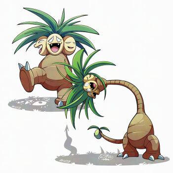 Rule 34 | alolan exeggutor, alolan form, commentary, english commentary, exeggutor, fangs, gen 1 pokemon, gen 7 pokemon, looking at viewer, mistray-art, nintendo, no humans, numbered, open mouth, plant monster, pokemon, pokemon (creature), regional and normal, signature, simple background, tail, white background