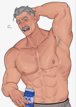 1boy arm_behind_head arm_up armpit_hair armpits bara drink_carton facial_hair grey_eyes grey_hair grey_pants highres holding holding_milk_carton male_focus mature_male milk_carton muscular muscular_male mustache navel_hair old old_man one_eye_closed open_mouth original pants sa1k0p short_hair simple_background solo topless_male white_background