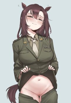 1girl absurdres animal_ears blush breasts brown_eyes brown_hair cleft_of_venus commentary embarrassed english_commentary feet_out_of_frame female_pubic_hair gluteal_fold grace_maitland_steward green_jacket green_shirt green_skirt highres horse_ears horse_girl horse_tail jacket large_breasts long_hair luminous_witches m1saki_1 military military_uniform navel necktie no_panties open_mouth pubic_hair pussy shirt simple_background skirt solo sparse_pubic_hair standing tail thigh_gap underwear world_witches_series