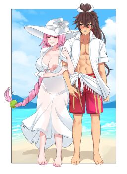 absurdres beach bikini blush braid braided_ponytail breasts brown_eyes brown_hair cleavage commentary commission commissioner_upload couple dress english_commentary hat highres holding_another's_arm huge_breasts male_swimwear mole mrdikwen muscular muscular_male nipples ocean open_clothes open_shirt outdoors pink_hair pink_nails ponytail rune_factory rune_factory:_guardians_of_azuma subaru_(rune_factory) sun_hat sundress swim_trunks swimsuit ulalaka wardrobe_malfunction white_dress