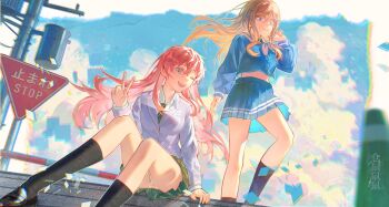 2girls bang_dream! bang_dream!_it&#039;s_mygo!!!!! black_socks blazer blue_eyes blue_serafuku blue_skirt brown_footwear brown_hair building cang_(akaga204) chihaya_anon chinese_commentary closed_mouth collared_shirt commentary_request cropped_shirt floating_hair food_print fruit_print green_necktie green_skirt green_socks grey_jacket hair_between_eyes hand_up haneoka_school_uniform highres jacket kneehighs loafers long_hair long_sleeves midriff multiple_girls nagasaki_soyo necktie on_ground open_mouth outdoors panties pantyshot pink_hair plaid_clothes plaid_skirt pleated_skirt purple_sailor_collar road_sign sailor_collar school_uniform serafuku shirt shoes sidelocks sign sitting skirt socks stop_sign strawberry_print teeth tsukinomori_school_uniform underwear v white_sailor_collar white_shirt