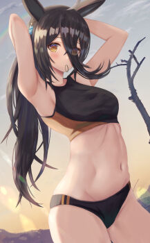 Rule 34 | 1girl, adjusting hair, ahoge, animal ears, armpits, arms behind head, black buruma, black hair, black sports bra, blush, breasts, buruma, commentary request, ear tag, earrings, hair between eyes, hair tie, hair tie in mouth, hands in own hair, highres, horse ears, horse girl, jewelry, long bangs, long hair, long hair between eyes, looking at viewer, manhattan cafe (umamusume), medium breasts, midriff, mouth hold, multicolored hair, navel, no tail, outdoors, single earring, sky, solo, sports bikini, sports bra, thurumu, tying hair, umamusume, very long hair, white hair, yellow eyes