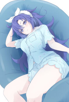 1girl aqua_pajamas aqua_shirt aqua_shorts blue_archive blue_eyes blue_hair blush bow closed_mouth commentary_request hair_between_eyes hair_bow highres legs long_hair looking_at_viewer lying official_alternate_costume on_side pajamas shirt short_sleeves shorts sidelocks simple_background smile teina thighs white_background white_bow yuuka_(blue_archive) yuuka_(pajamas)_(blue_archive)