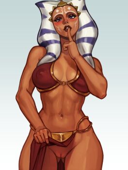 1girl ahsoka_tano akeowi alien blue_eyes blush bra breasts clothes_lift colored_skin finger_to_mouth harem_outfit highres huttslayer_leia jedi large_breasts loincloth loincloth_lift looking_at_viewer navel nipples orange_skin princess_leia pussy see-through_bra see-through_clothes shushing simple_background slave star_wars togruta underwear white_background