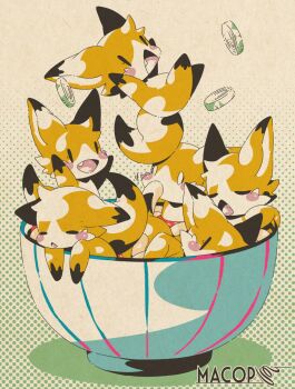 Rule 34 | 0 0, artist name, blush stickers, chibi, closed eyes, cup, falling, fang, fox, halftone, halftone background, highres, in container, in cup, limited palette, macop, open mouth, original, paper texture, solid oval eyes, tail
