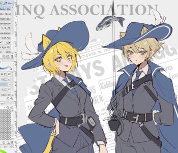 7011yu animal_ears arm_behind_back belt black_coat blonde_hair blue_cape blue_hat blue_necktie blush cape cat_boy cat_ears cat_tail cinq_association_west_uniform coat collared_shirt couple don_quixote_(project_moon) gloves hat hat_feather hetero limbus_company long_sleeves looking_at_viewer musketeer necktie newspaper project_moon rapier shirt short_hair sinclair_(project_moon) sparkling_eyes sword tail tongue tongue_out weapon white_shirt yellow_eyes
