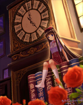 1girl absurdres backlighting blue_eyes blunt_bangs blurry book bow brown_hair center_frills clock collared_shirt dated depth_of_field drawer female_focus flower frills from_below full_body grandfather_clock hair_bow high-waist_skirt highres hime_cut indoors kneehighs long_hair looking_at_viewer mini_person minigirl neck_ribbon no_shoes original painting_(object) parted_lips pixiv_id pleated_skirt puffy_short_sleeves puffy_sleeves qi==qi red_bow red_flower red_ribbon red_rose red_skirt ribbon roman_numeral rose shirt shirt_tucked_in short_sleeves signature sitting skirt socks solo striped_ribbon sunlight tareme time very_long_hair white_shirt white_socks window
