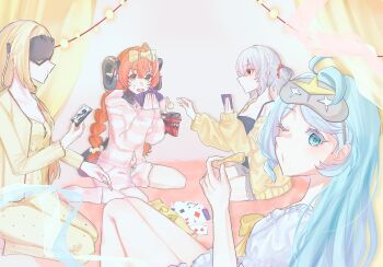 4girls alternate_costume alternate_hairstyle black_horns blindfold_mask blonde_hair blue_eyes blue_hair blue_pajamas card chips_(food) covered_eyes dragon_girl dragon_horns food green_eyes highres holding holding_food horns indoors long_hair looking_at_viewer magus_(zenless_zone_zero) mask mechanical_horns mechanical_tail multiple_girls nomura_(rxnt_n) one_eye_closed orange_hair orphie_magnusson pajamas pink_pajamas playing_card pointy_ears ponytail seed_(zenless_zone_zero) sitting soldier_11_(zenless_zone_zero) striped_clothes striped_pajamas sweatdrop tail trigger_(zenless_zone_zero) twintails white_hair yellow_pajamas zenless_zone_zero