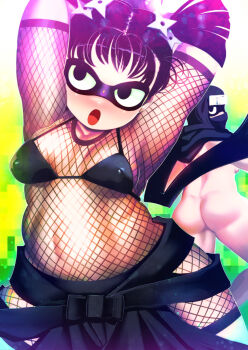 1girl arms_up ass bikini bikini_top_only black_eyes black_hair bodystocking breasts covered_erect_nipples fishnet_bodystocking fishnets grey_background hair_ornament hakkasame highres mask matching_hair/eyes medium_breasts multiple_views ninja nude one-punch_man open_mouth plump shadow_ring_(one-punch_man) short_twintails swimsuit tongue twintails wide_hips