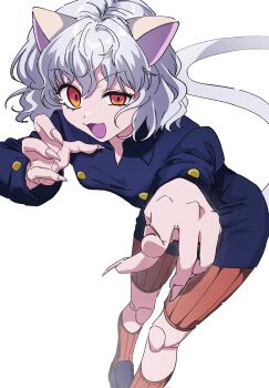 1girl animal_ears cat_ears cat_girl cat_tail doll_joints feet_out_of_frame fewer_digits fingernails highres hunter_x_hunter joints long_fingernails looking_at_viewer neferpitou orange_eyes re_tae44 sharp_fingernails shirt short_hair shorts simple_background smile socks solo tail uneven_eyes white_background white_hair