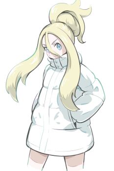 1girl blonde_hair blue_eyes closed_mouth coat commentary cowboy_shot english_commentary ffccll hair_between_eyes hair_bun hands_in_pockets highres korrina_(pokemon) long_bangs long_hair long_sleeves looking_at_viewer nintendo pokemon pokemon_legends:_z-a smile solo white_background white_coat
