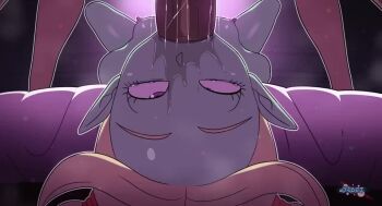 1boy 1girl animated bed blonde_hair blue_skin bouncing_breasts breasts colored_skin completely_nude d-art deepthroat dragon_ball dragon_ball_daima erection excessive_saliva fellatio irrumatio legs loli nipples nude on_bed oral pansy_(dragon_ball_daima) penis purple_eyes rolling_eyes saliva small_breasts sound tagme testicles thighs third-party_edit twintails video
