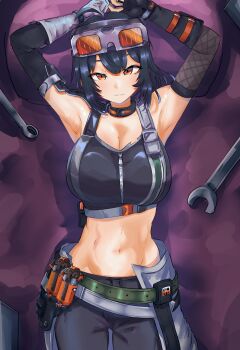 Rule 34 | 1girl, absurdres, ahoge, armpits, arms up, asymmetrical gloves, bare shoulders, belt, black choker, black hair, black pants, choker, commentary, crop top, gloves, goggles, goggles on head, grace howard, hammy, highres, looking at viewer, midriff, mismatched gloves, navel, orange eyes, pants, short hair, smile, solo, sports bra, stomach, wrench, zenless zone zero