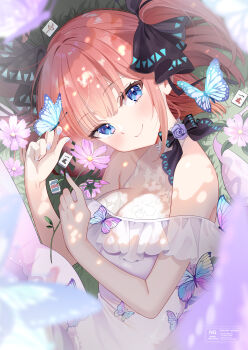 Rule 34 | 1girl, bare shoulders, blue eyes, blush, breasts, bug, butterfly, butterfly hair ornament, butterfly on hand, cleavage, closed mouth, collarbone, commentary request, dress, flower, go-toubun no hanayome, guest art, hair ornament, highres, holding, holding flower, insect, large breasts, looking at viewer, lying, medium hair, nakano nino, on grass, on side, pink dress, piyopoyo, red hair, riichi city, sleeveless, sleeveless dress, solo, two side up