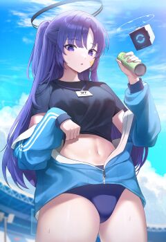 1girl absurdres bagya black_shirt blue_archive blue_buruma blue_jacket blue_sky breasts buruma can clothes_lift cowboy_shot day drink_can from_below halo hand_up hashtag-only_commentary highres holding holding_can jacket jacket_partially_removed lanyard lifting_own_clothes long_hair long_sleeves looking_at_viewer looking_down mechanical_halo midriff millennium_science_school_logo navel official_alternate_costume one_side_up outdoors parted_bangs parted_lips partially_unzipped purple_eyes purple_hair shirt shirt_lift short_sleeves sky solo standing star_(symbol) star_sticker sticker sticker_on_face straight_hair sweat t-shirt track_jacket yuuka_(blue_archive) yuuka_(track)_(blue_archive) zipper_pull_tab