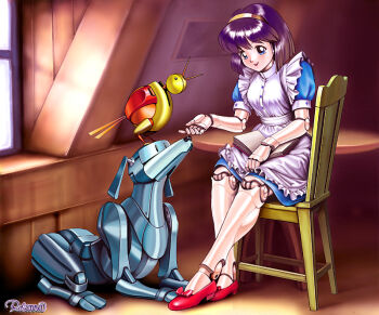 1girl android apron archived_source artist_name bird blue_eyes blunt_ends bob_cut book bow breasts buttoned_cuffs buttons chair collared_apron commentary_request footwear_bow frilled_apron frills full_body grey_dog hairband high_collar holding holding_book indoors joints maid maid_apron medium_breasts muntins non-humanoid_robot open_book open_hand original puffy_short_sleeves puffy_sleeves purple_hair red_shoes robot robot_animal robot_bird robot_dog robot_joints rosanna_(mt3t-njr) round_table shoes short_sleeves signature sitting sleeve_cuffs table white_apron window window_light windowsill wooden_chair wooden_table yellow_bird yellow_hairband