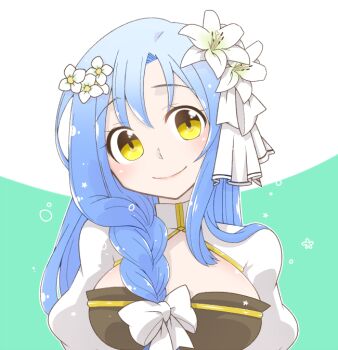 Rule 34 | 1girl, arch bishop (ragnarok online), black dress, blue hair, blush, braid, breasts, cleavage cutout, closed mouth, clothing cutout, commentary request, dress, flower, green background, hair flower, hair ornament, hair over shoulder, head tilt, large breasts, long hair, looking at viewer, oekakipikki, ragnarok online, side braid, single braid, smile, solo, two-tone dress, upper body, white dress, white flower, yellow eyes