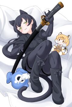 1girl animal_ears animal_print black_footwear black_gloves black_leopard_(kemono_friends) black_pantyhose black_skirt blush boots cellien_(kemono_friends) character_doll doll drawing_sword elbow_gloves extra_ears gloves green_eyes hair_between_eyes highres holding holding_sword holding_weapon katana kemono_friends leopard_(kemono_friends) leopard_ears leopard_girl leopard_print leopard_tail long_hair pantyhose parsley_(simonov1941) shirt short_sleeves sidelocks skirt sword t-shirt tail weapon