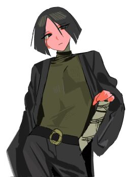 1boy belt belt_buckle black_belt black_coat black_eyes black_pants buckle coat green_sweater hashtag-only_commentary highres katana limbus_company male_focus pants parted_bangs project_moon ren_(project_moon) short_hair simple_background solo sweater sword weapon white_background yongsadragon