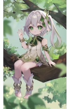 1girl absurdres bare_shoulders bloomers bracelet closed_mouth commentary_request day detached_sleeves dress full_body genshin_impact gold_trim gradient_hair green_eyes green_hair green_sleeves hair_between_eyes hand_up highres in_tree jewelry long_hair looking_at_viewer multicolored_hair nahida_(genshin_impact) outdoors pointy_ears side_ponytail sitting sitting_in_tree sitting_on_branch sleeveless sleeveless_dress solo star-shaped_pupils star_(symbol) stirrup_legwear symbol-shaped_pupils toeless_legwear toes tree underwear unouto white_bloomers white_dress white_hair