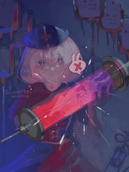 Rule 34 | 2girls, :t, animal ears, blood, blood bag, blue dress, blue eyes, commentary, dated, dress, fish zeratin, gloves, hat, highres, holding, holding syringe, large syringe, long hair, looking at viewer, mini person, multiple girls, nurse cap, oversized object, pink skirt, purple hair, rabbit ears, rabbit girl, red dress, red eyes, reisen udongein inaba, shirt, shoes, short sleeves, skirt, socks, sweatdrop, syringe, touhou, two-tone dress, white hair, white shirt, white socks, yagokoro eirin