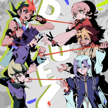 6+boys anger_vein annoyed bare_shoulders black_gloves black_hair blonde_hair blue_eyes blue_hair blue_shirt border bound bound_wrists clenched_hand clenched_hands coat colored_bangs dress_shirt english_text facing_another facing_to_the_side facing_viewer fingerless_gloves gloves green_eyes grey_background hair_slicked_back happy high_contrast highres holding holding_string hood hooded_vest hoodie iii_(yu-gi-oh!) iv_(yu-gi-oh!) kamishiro_ryouga letter libuqilai long_hair looking_at_another looking_to_the_side male_focus multiple_boys open_clothes open_mouth open_vest ornate_border outstretched_arm outstretched_arms parted_bangs pinching popped_collar pulling purple_coat purple_hair purple_shirt purple_tunic red_eyes red_hair red_tunic red_vest scar scar_across_eye scar_on_face shirt sleeveless sleeveless_shirt smirk spiked_hair spot_color string string_of_fate tenjou_kaito tsukumo_yuma tug tug_of_war tunic turning_head v_(yu-gi-oh!) vest victorian white_background white_hood yellow_tunic yu-gi-oh! yu-gi-oh!_zexal