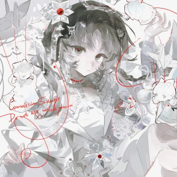 1girl absurdres bandaged_fingers bandages braid brown_eyes brown_hair choker closed_mouth commission expressionless eyelashes frills hair_ornament highres liangzhi_mian_gou long_hair looking_at_viewer mihuashi_commission origami original pale_skin paper_crane parted_bangs red_pupils sample_watermark sidelocks solo square watermark white_choker