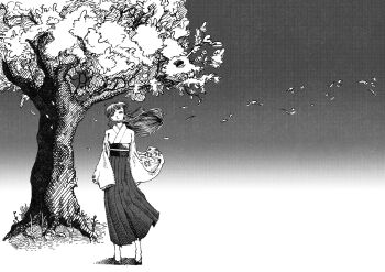 1girl black_hair breasts cherry_blossoms hair_ribbon half-closed_eyes highres japanese_clothes legs long_hair long_skirt looking_at_viewer medium_breasts monochrome parted_lips ponytail ribbon sakura_taisen sega shinguuji_sakura sketch skirt solo thighs