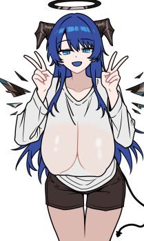 1girl :d absurdres arknights black_halo black_horns black_tail blue_eyes blue_hair blue_tongue breasts brown_shorts collarbone colored_tongue commentary cowboy_shot detached_wings double_v grey_shirt hair_between_eyes halo highres horns large_breasts leaning leaning_forward long_hair long_sleeves looking_at_viewer mostima_(arknights) open_mouth see-through_cleavage see-through_clothes see-through_shirt shirt shorts simple_background smile solo standing t-shirt tail thigh_gap traditional_halo v white_background wings witchrosemary
