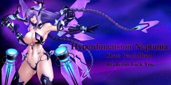 1girl arm_up armpits blue_eyes braid breasts cleavage highres legs looking_at_viewer navel nepnep_connect:_chaos_chanpuru neptune_(series) nyamota parted_lips pink_lips purple_hair purple_heart_(chaos_form)_(neptunia) purple_heart_(neptunia) seductive_gaze seductive_smile sideboob smile solo source_request thighs toned twin_braids