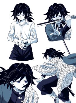 Rule 34 | 1boy, anggeum57449, belt, blue eyes, buttons, closed mouth, collared shirt, commentary request, demon slayer uniform, from behind, haori, high collar, highres, holding, holding sword, holding weapon, jacket, japanese clothes, katana, kikkoumon, kimetsu no yaiba, korean commentary, long hair, looking at viewer, low ponytail, male focus, monochrome, multiple views, pants, ponytail, print haori, red haori, sandals, shirt, socks, spiked hair, sword, tomioka giyuu, upper body, weapon
