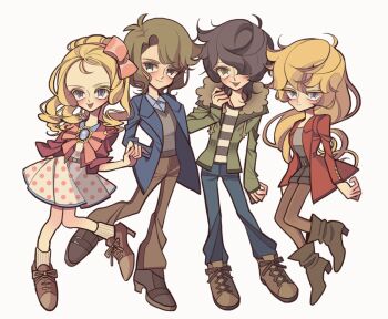 2boys 2girls alternate_costume andre_grandier black_hair black_pantyhose black_shorts blonde_hair blue_eyes blue_jacket boots bow brown_footwear brown_hair brown_pants coat contemporary dress full_body fur-trimmed_hood fur_trim green_eyes green_jacket hair_bow hand_in_pocket hand_up hans_axel_von_fersen high_heels hood jacket long_hair long_sleeves looking_at_viewer marie_antoinette_(versailles_no_bara) meremero multiple_boys multiple_girls open_mouth oscar_francois_de_jarjayes pants pantyhose pink_bow polka_dot polka_dot_dress red_coat red_jacket short_hair shorts simple_background smile standing versailles_no_bara white_background