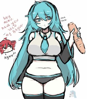 2girls absurdres blue_eyes blue_hair breasts food hatsune_miku highres kasane_teto large_breasts m3link multiple_girls navel plump tagme utau vocaloid