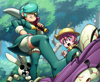 2girls angry annie_(skullgirls) belt bloomers boots braid bulging_eyes clenched_teeth dress eyepatch frown grabbing_another&#039;s_leg green_hair grimace hand_on_own_hip hat highres holding holding_sword holding_weapon hungern_(skullgirls) long_hair looking_at_another multiple_girls open_mouth painting_(object) pink_eyes pink_hair raincoat revtilian sagan_(skullgirls) short_dress short_hair skullgirls stage stepped_on sword tearing_up teeth thigh_boots twin_braids umbrella umbrella_(skullgirls) underwear upskirt weapon wide-eyed yellow_eyes