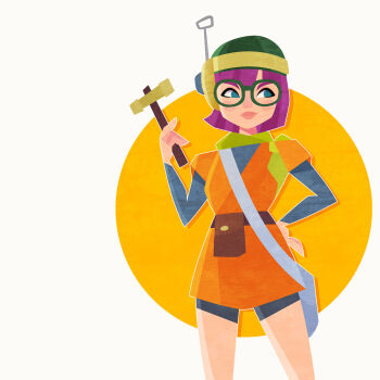 1girl bag belt belt_pouch chrono_trigger dress glasses hammer hand_on_own_hip headset helmet highres holding holding_hammer looking_at_viewer lucca_ashtear orange_dress pouch purple_hair rikdrawsthings short_hair shoulder_bag solo standing