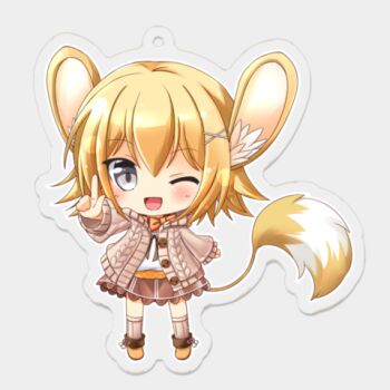 1girl acrylic_stand_(medium) akino_sakura animal_ears blonde_hair boots brown_skirt chibi emil_chronicle_online grey_background grey_eyes hair_ornament hairclip jacket lowres mouse_ears mouse_girl mouse_tail one_eye_closed open_mouth orange_boots orange_scarf orange_shirt pointing pointing_up sandrat_alma scarf shirt skirt socks solo tail white_jacket white_shirt white_socks