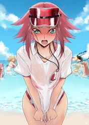 5girls absurdres ball beach beachball bikini blonde_hair blue_eyes blush braid braided_twintails breasts budgiepon code_geass collarbone embarrassed euphemia_li_britannia highres jewelry kouzuki_kallen large_breasts long_hair medium_hair milly_ashford multiple_girls necklace nina_einstein ocean open_mouth parted_bangs pink_hair red_hair shirley_fenette shirt swimsuit visor_cap water wet wet_clothes wet_shirt